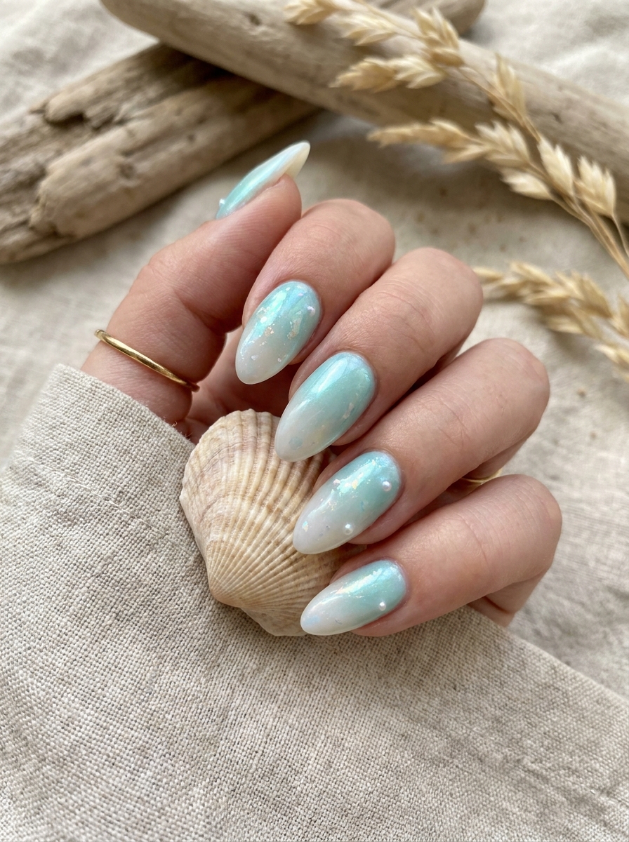 Perlmutt Aqua Mermaid Nails mit milchigem Aqua-Schimmer